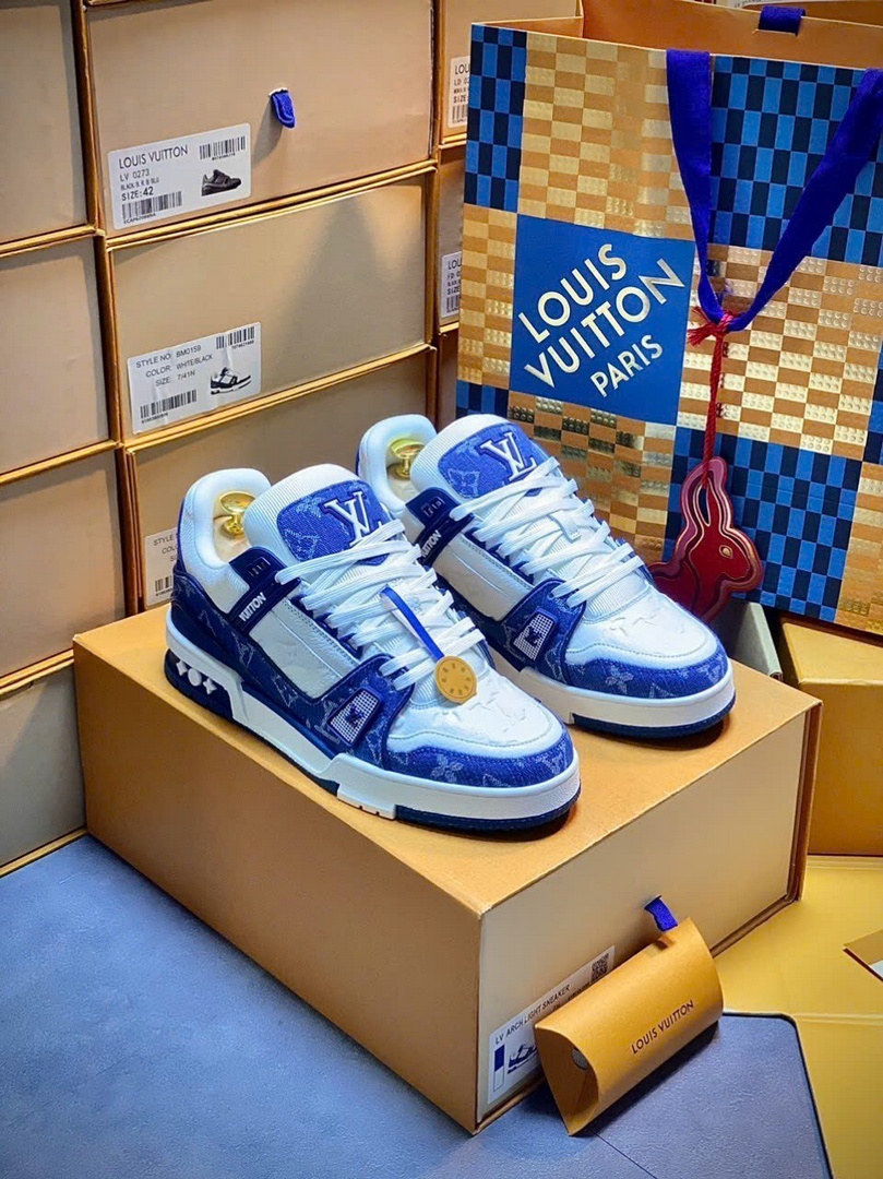 Giày Louis Vuitton LV Trainer Monogram Denim White Blue Best Quality