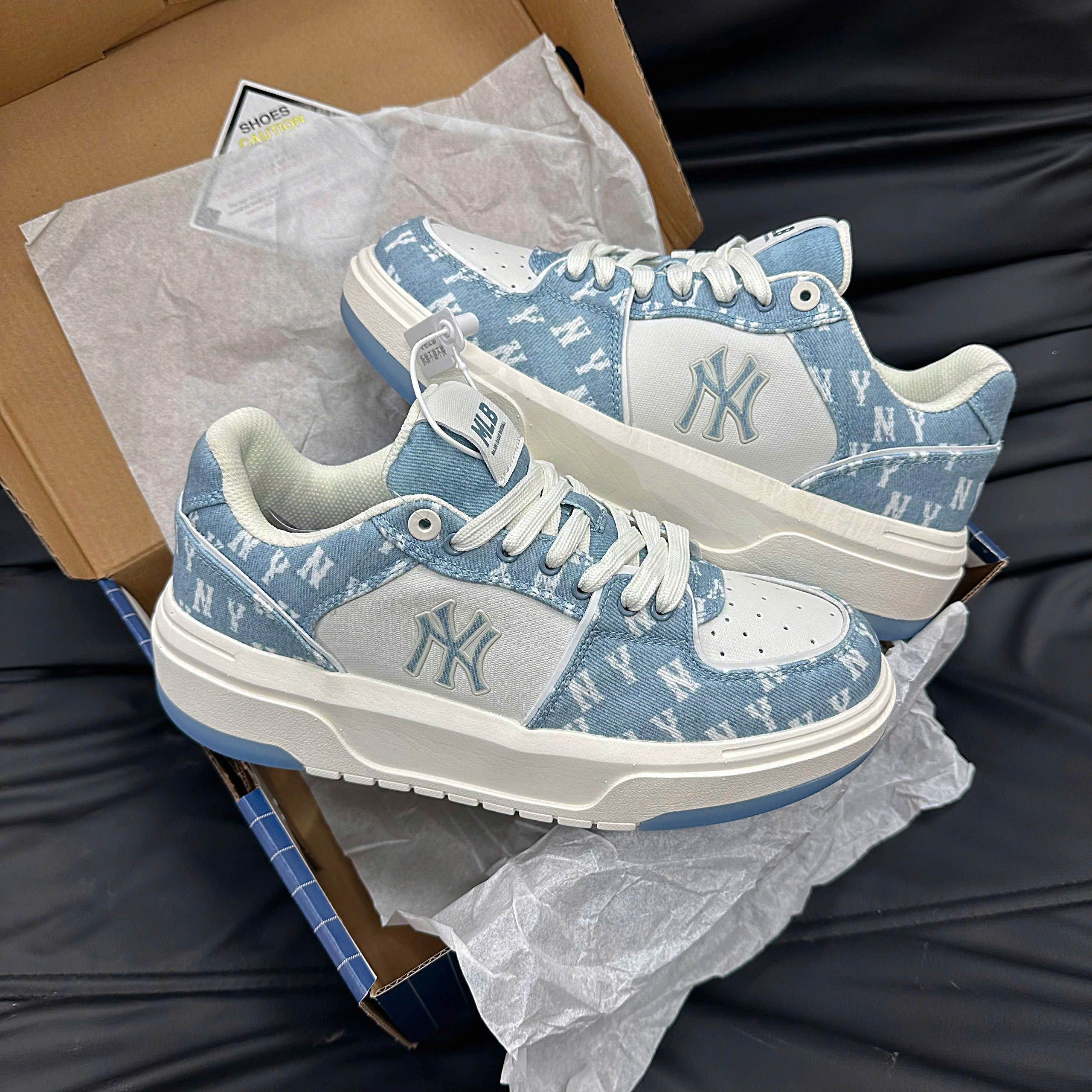 Giày MLB Korea Chunky Liner Denim Classic Mono New York Yankees Skyblue